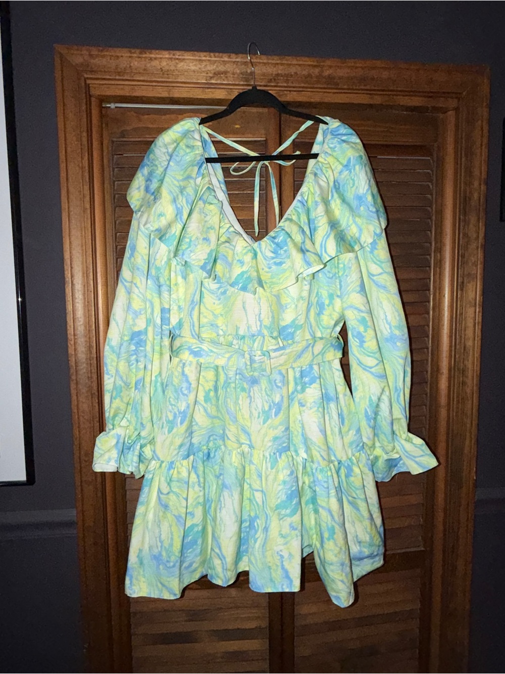 ASOS Swirl Print Ruffle Tiered Dress in Light Blue & Yellow